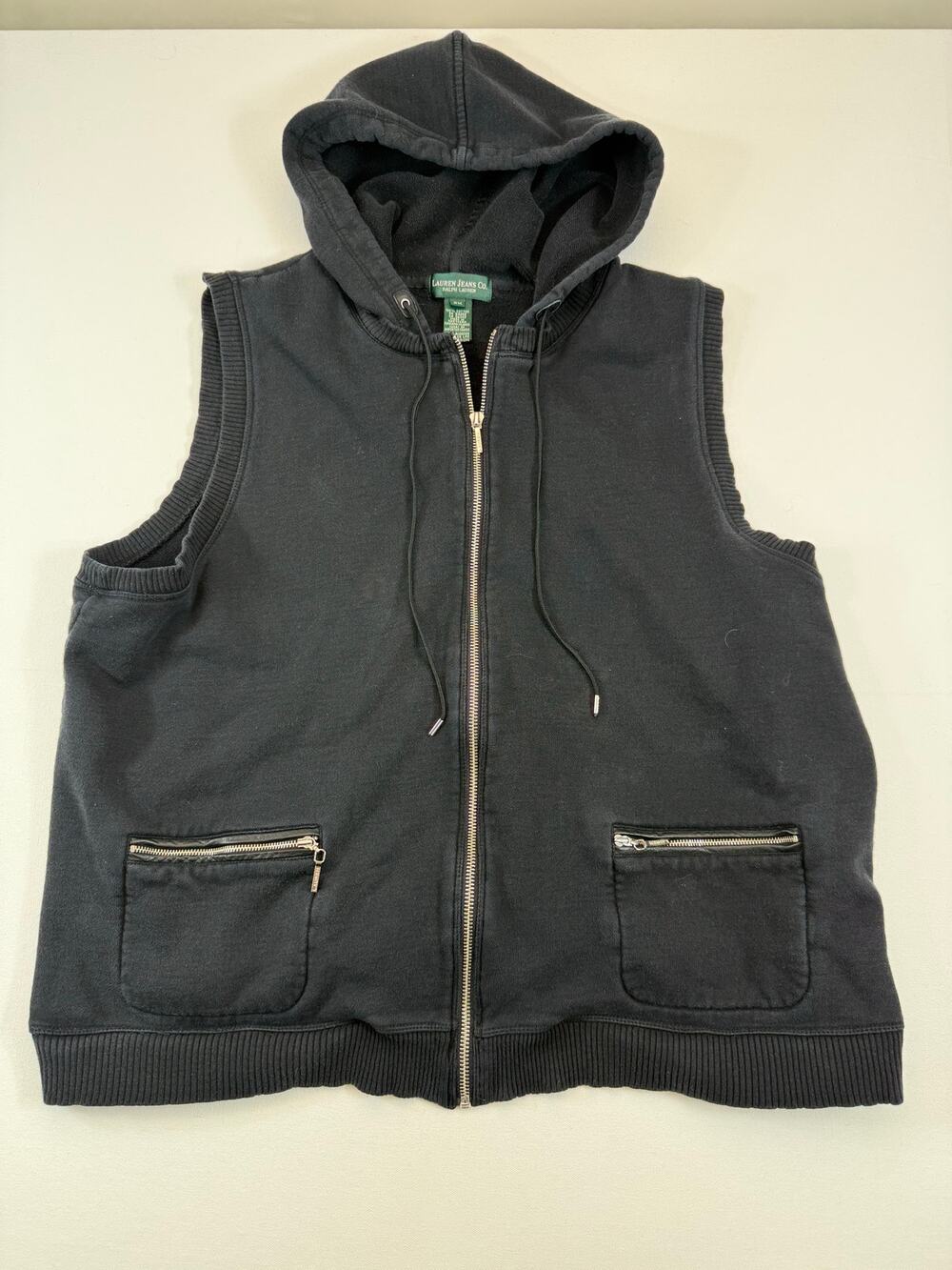 Vintage Y2K Lauren Ralph Lauren Black Zip Up‎ Hooded Vest 2X Pockets Preppy